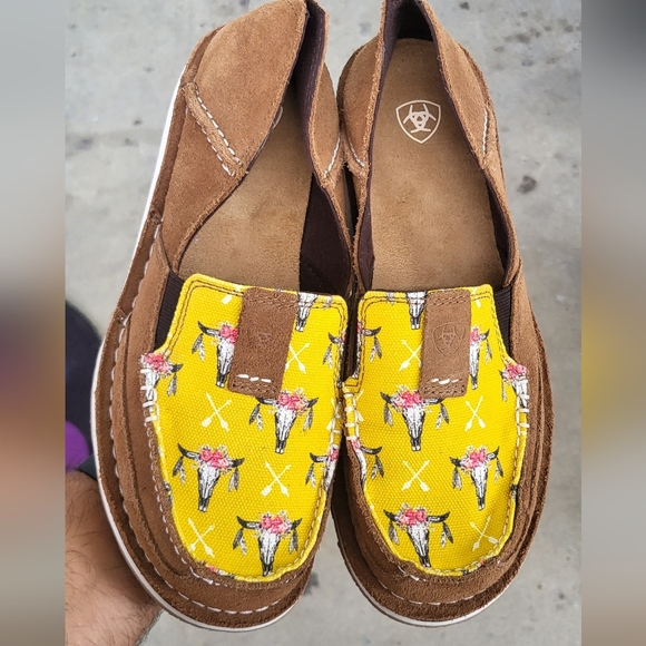 Ariat Shoes - Ariat Brown Suede Loafers with Yellow Floral Skull Canvas Accent